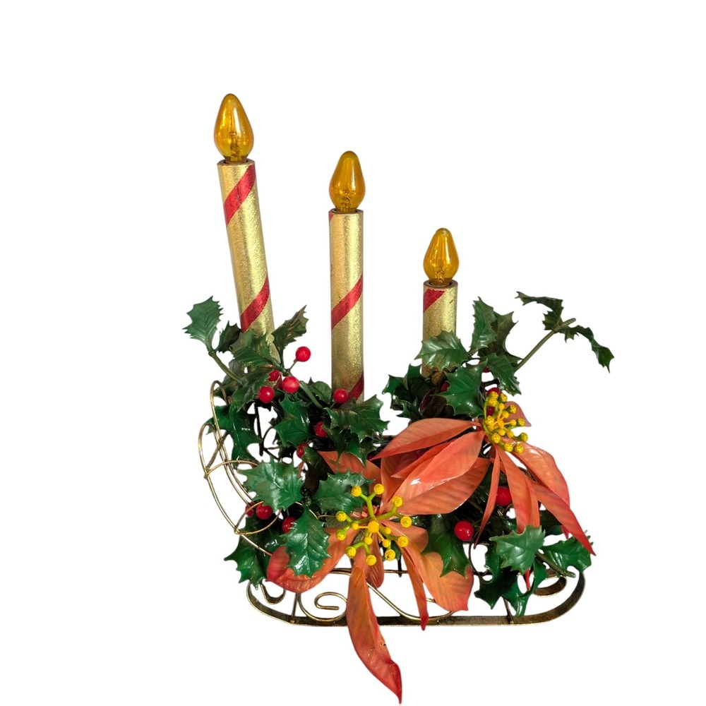 Vintage Lighted Sleigh Christmas Candle‎ Display Holly Poinsettia MCM 13x9x4.5"